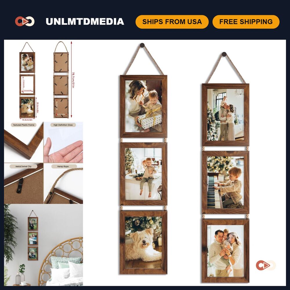 5x7 Collage Photo Frames Set - 6 Openings Vertical Wall Decor, Rustic Brown, 2 P